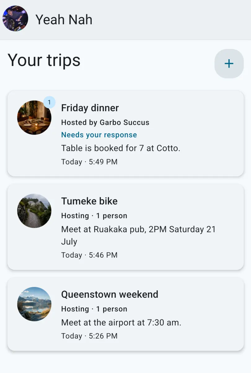 Yeah Nah’s trip list showing Friday dinner, Tumeke bike and Queenstown weekend.